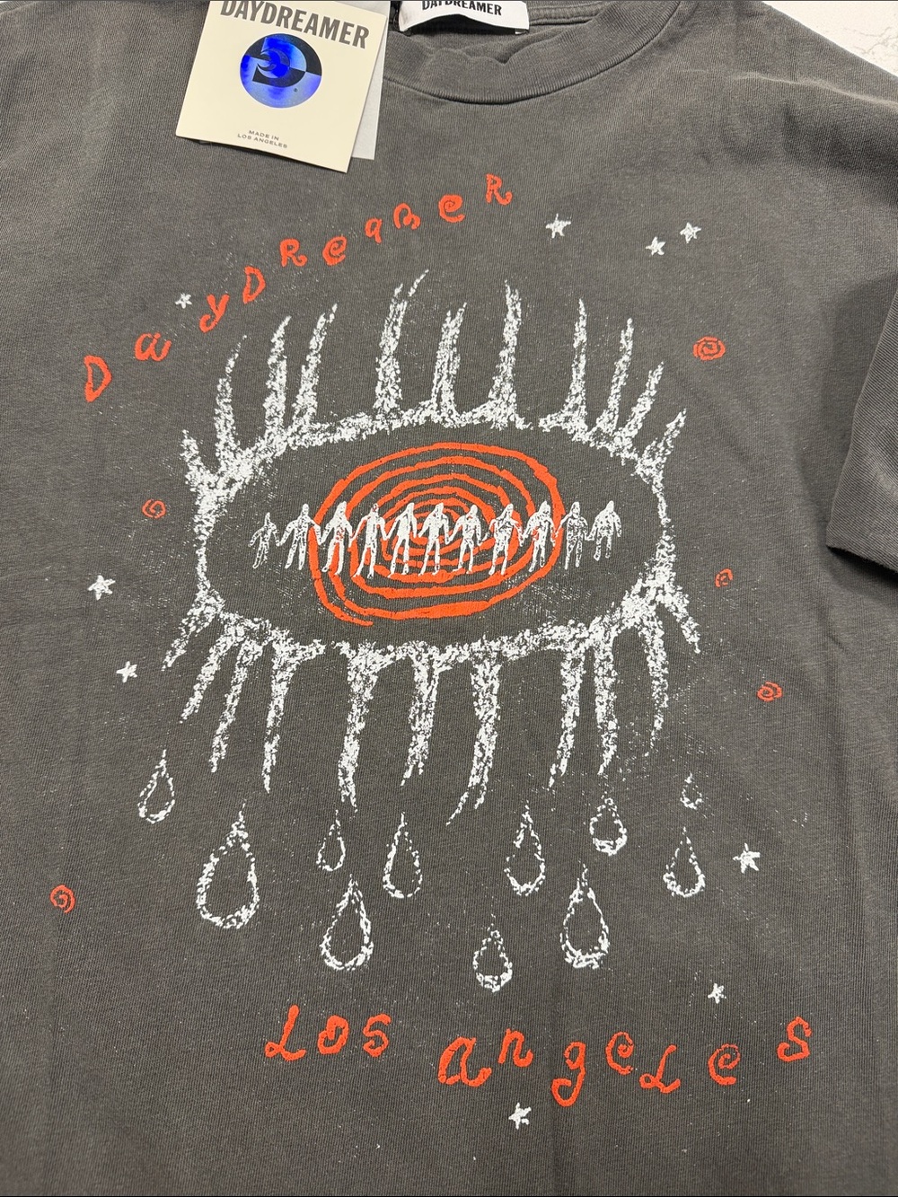 Daydreamer Charcoal Long Sleeve Graphic Tee with Orange & White Print